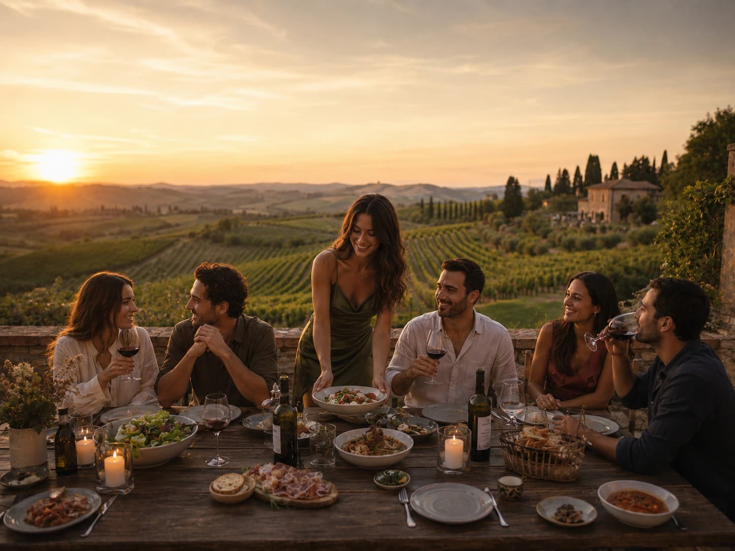 Friends sharing a meal in the Italian countryside