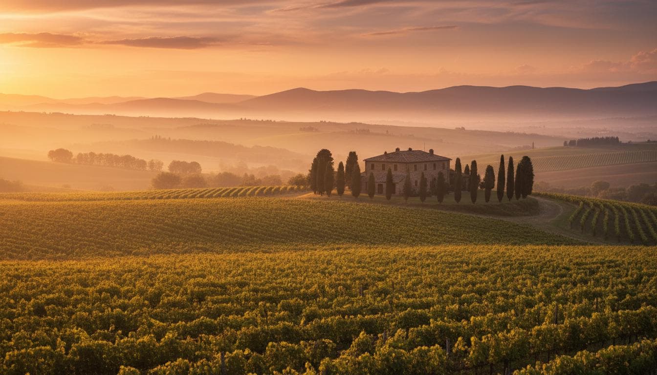 Tuscan vineyard at sunset
